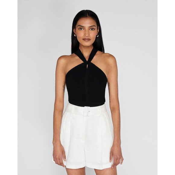 Club Monaco Raeni Solid Black Ribbed Knit Halter Top With Tie Back Closure Size - Picture 1 of 6